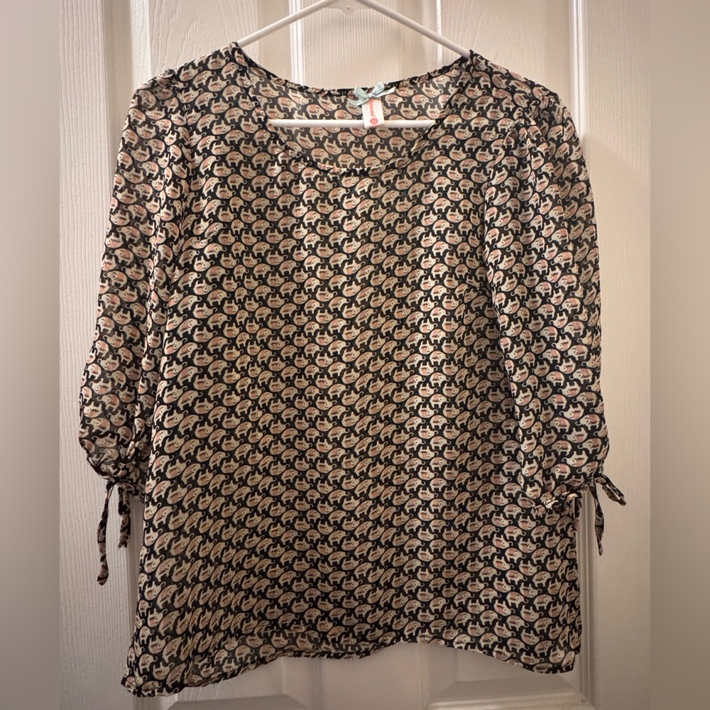DownEast Scoop Neck Blouse in Black and Cream with Subtle Print